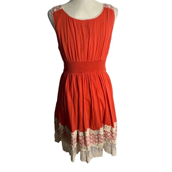 Vasna Fit N Flare Cotton Lace Dress L Coral Orange V Neck Lined Boho Knee Length - Picture 5 of 7